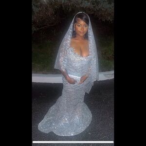 Elegant Silver Prom Sequin Gown with Veil